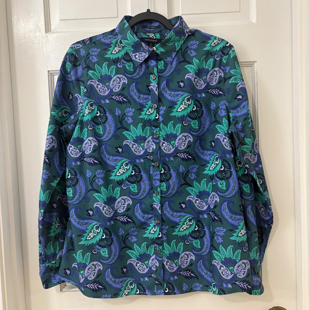 Lands End Button Up Shirt 12 Supima Cotton Paisley Botanical Classic Career